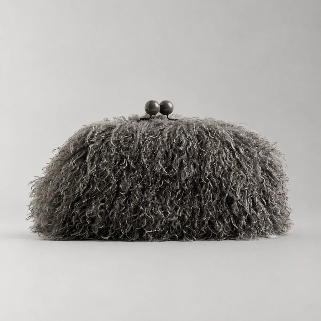 Women kisslock Faux Fur furry Clutch bag winter warm pouch frame clasp bag with chain crossbody dark grey red yellow