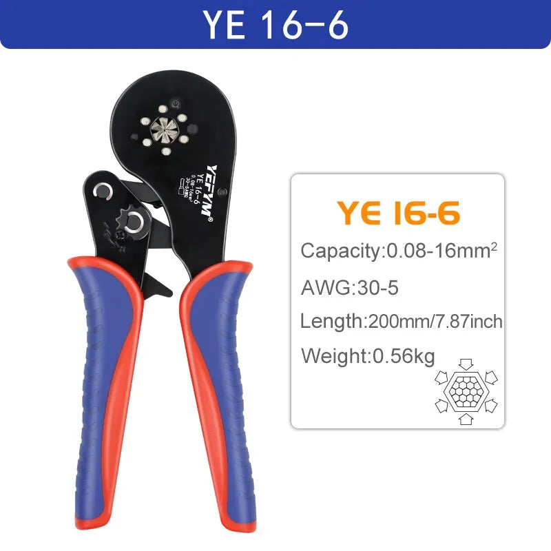Ferrule Terminal Connectors Hexagon Crimping Pliers YE 16-6 0.08-16mm2/30-5AWG Large Range Size Ratchet Electrical Tools YEFYM