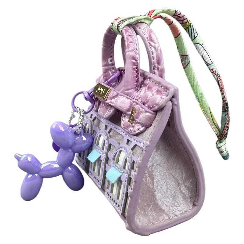Handcrafted Mini House-Shaped Handbag with Puppy Keychain Suede Touch Bag Charm Purse Accessory for Earphones Coins Lipsticks