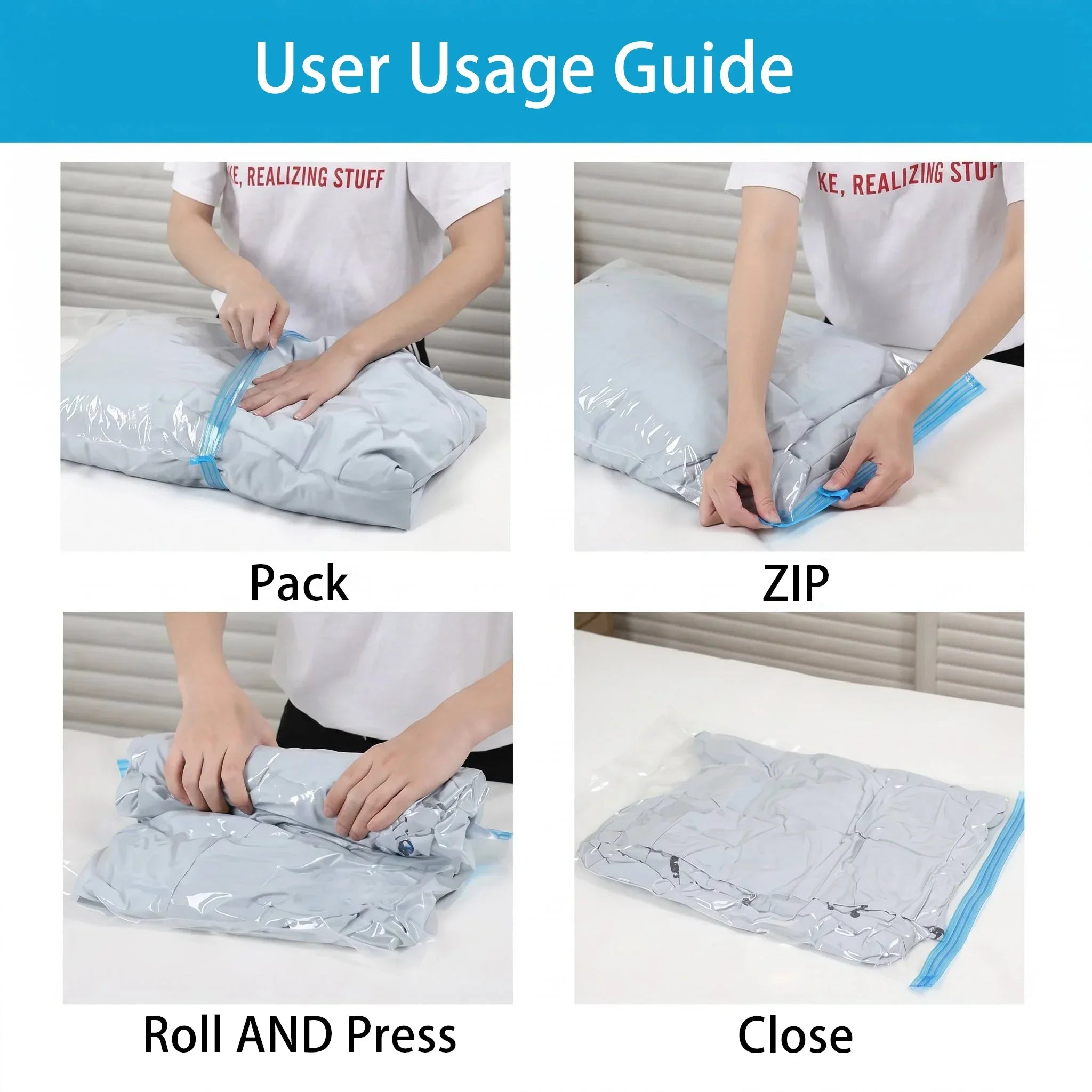 Vacuum Compression Storage Bags Travel Space Saver Hand Roll No Pump Reusable, Waterproof Double Zipper Clothes Organizer 3Sizes