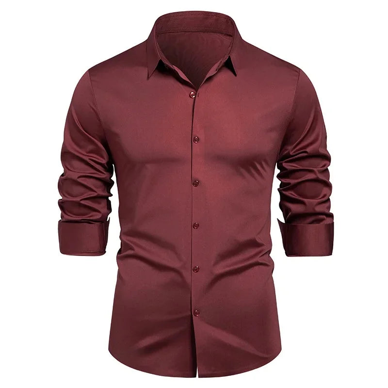 High-end Formal Work Shirts Men Spring Autumn Long Sleeve Elastic Shirt Anti-wrinkle Free Ironing Business Comfort Slim Workwear