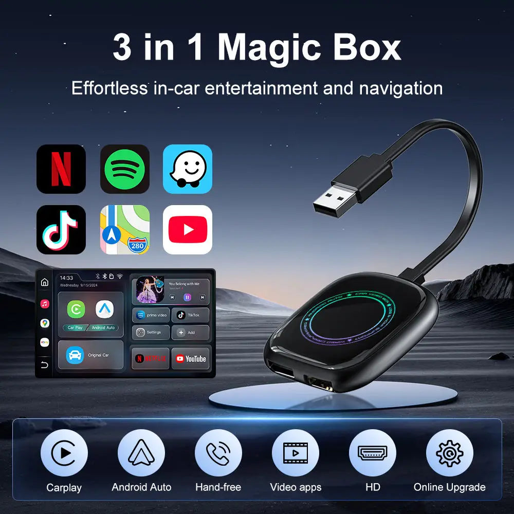 SKILLDRIVE 3 in 1 CarPlay Android Auto Adapter Wireless Wired USB Dongle with Ai Box Youtube for CarPlay Adapter