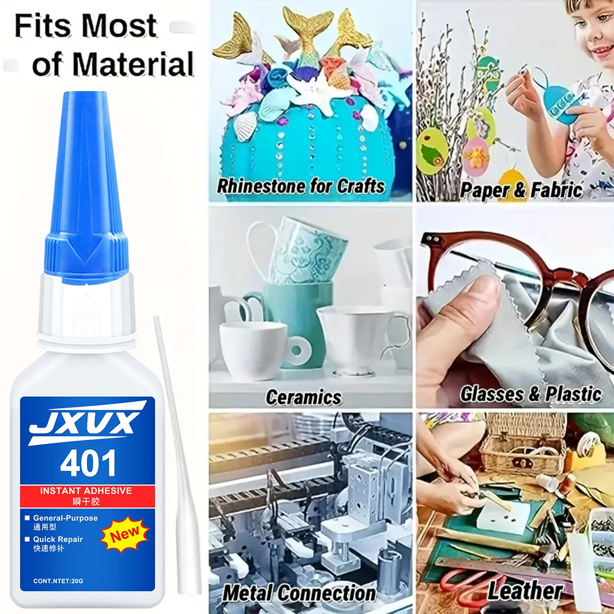New and updated 401 super acrylate adhesive, instant drying in 5 seconds, waterproof, good stability, full bonding tool. Suitable for wood, plastic, ceramics, metal, rubber and so on.