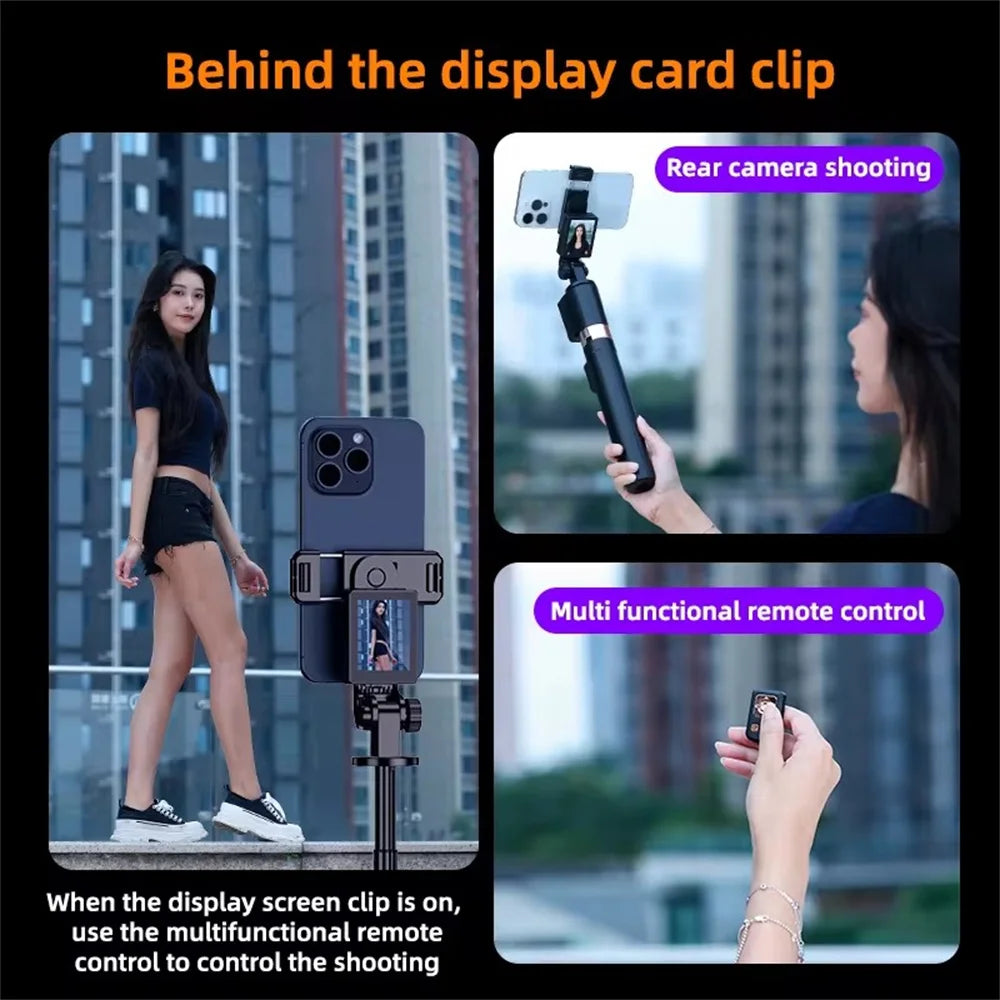 1.7m New 5 in 1 Projection Rear Camera Selfie Stick with Selfie Monitor Screen Brush  Bluetooth Remote Control Scrolling