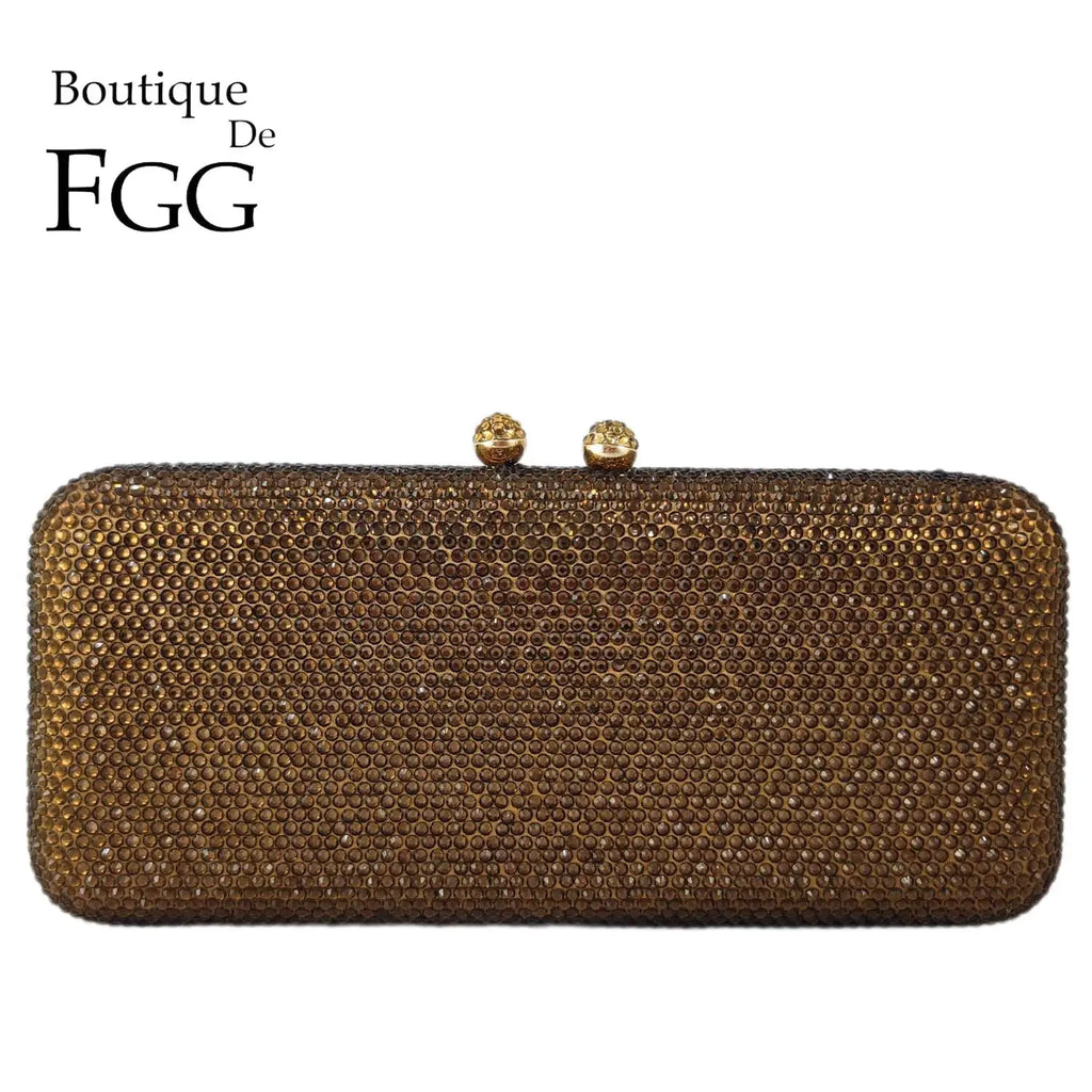 Boutique De FGG Women Brown Crystal Evening Bag Formal Party Dinner Rhinestone Handbags and Purses Bridal Diamond Clutch Purse