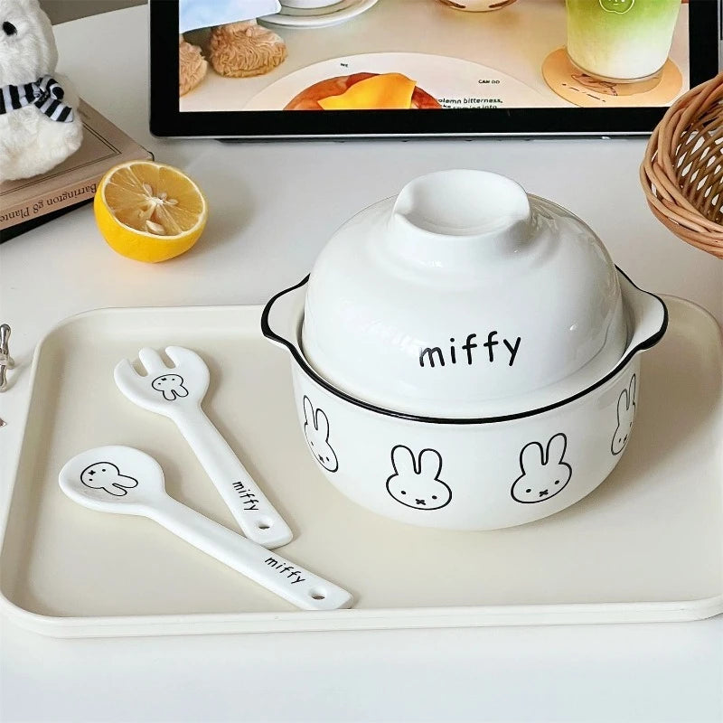 Kawaii Tableware Ceramic Rice Bowl with Lid Easy To Clean Household Use Instant Noodle Bowl Microwaveable Spoon Heating Miffy