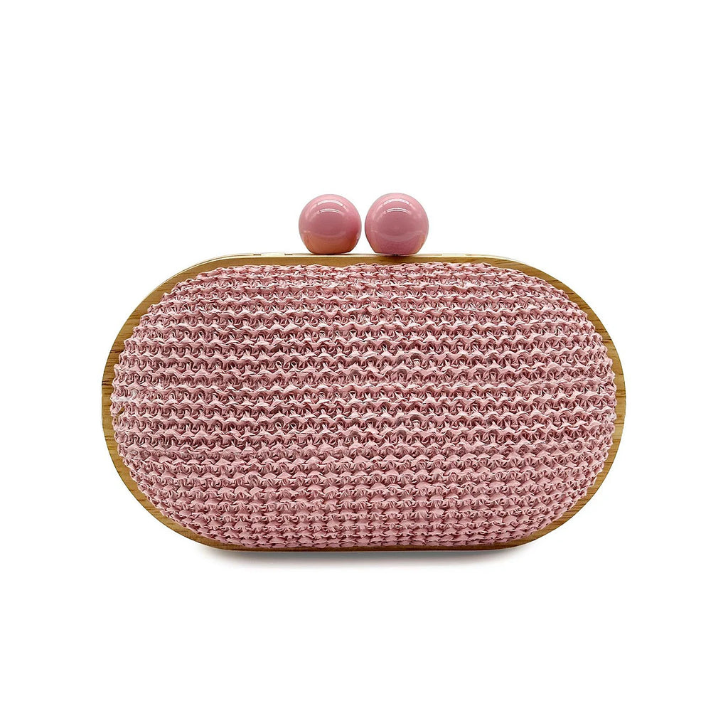 CEZIRA Women's Fashionable Straw Woven Clutch Wooden Frame Clip Closure Evening Bag Hard-case Long Chain Handbag Purse Holiday