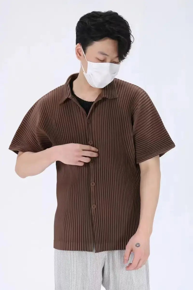 Miyake Pleated Short Sleeve Shirt Men's 2026 Classic Pleats Top Short Sleeve Summer Loose Plisse Jacket Loose Plus Size Fold Top