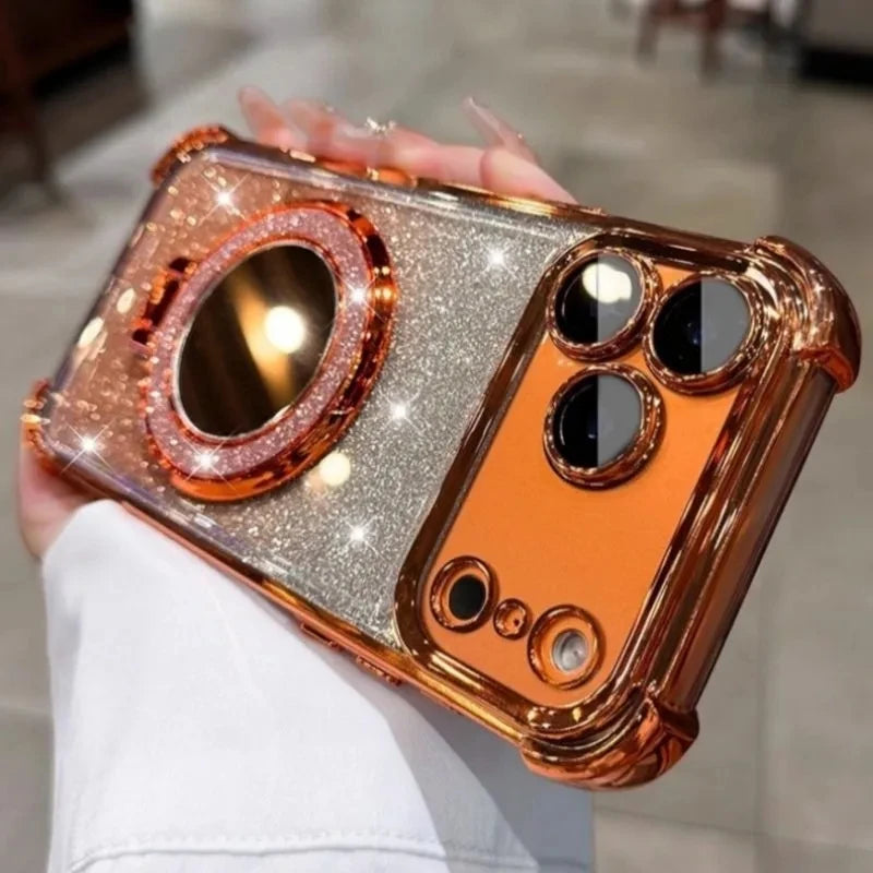 Glitter Shockproof Mirror Magnetic Bracket Case For iPhone 17 Air 16 15 14 Plus 13 12 11 Pro Max Plating For Magsafe Soft Cover