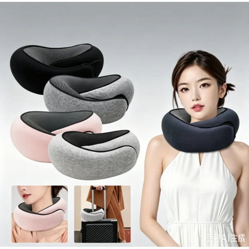 Memory Foam Travel Neck Pillow, 360-Degree Head & Chin Support Pillow for Home, Airplanes and Car Use