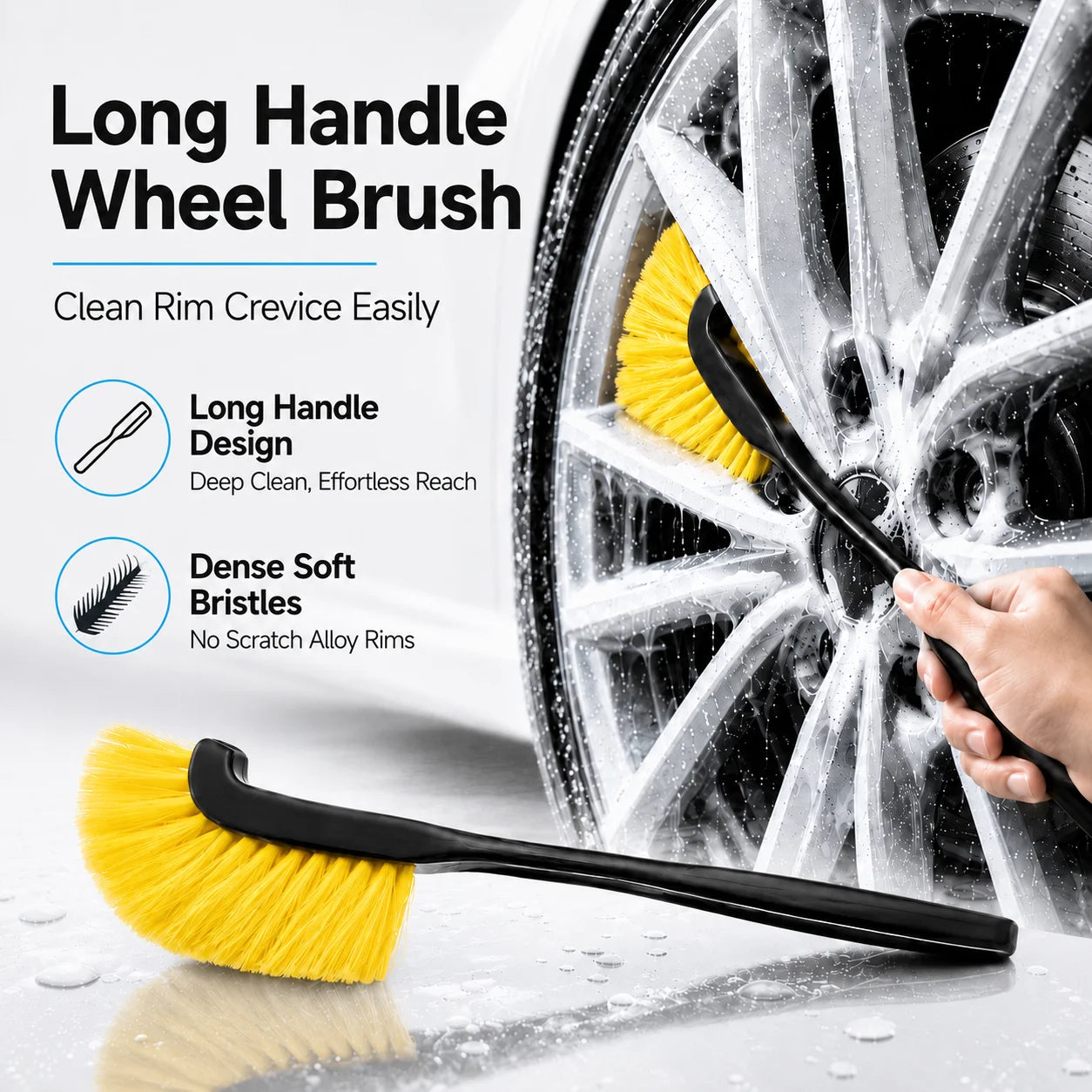 Long Handle Wheel Rim Cleaning Brush Anti Scratch Dense Bristle Deep Gap Cleaner Remove Brake Dust Auto Detailing Accessory