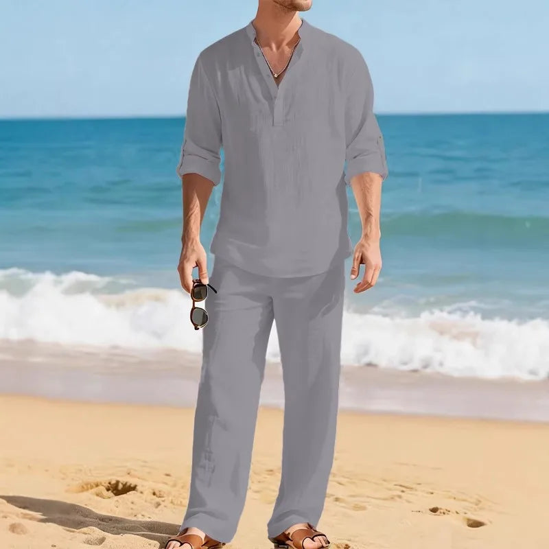 Men's Linen Solid Color Two Piece Set Casual Fashion Turn Down Collar Long Sleeve Shirt Loose Pants Outfit