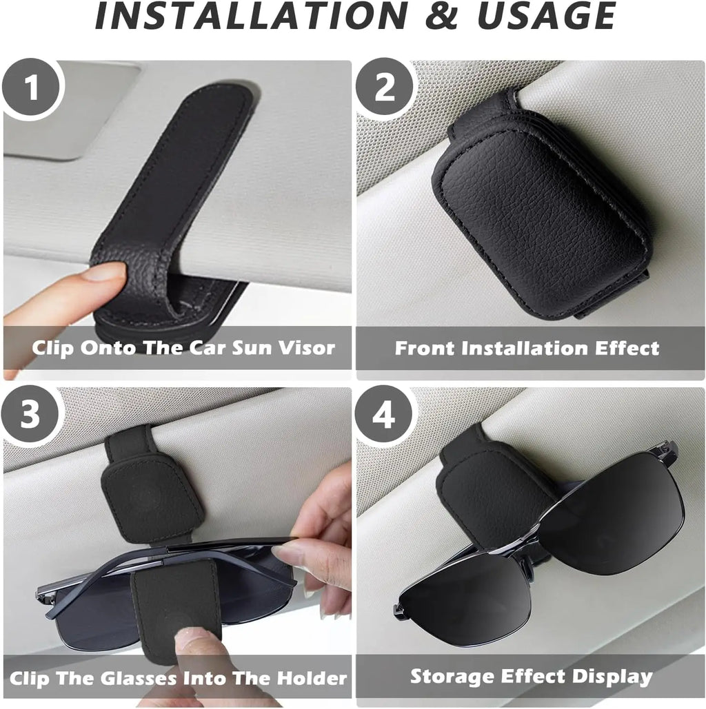 Sunglasses holders are compatible with car sunshades. They feature magnetic leather sunglasses clips and B-type clips.