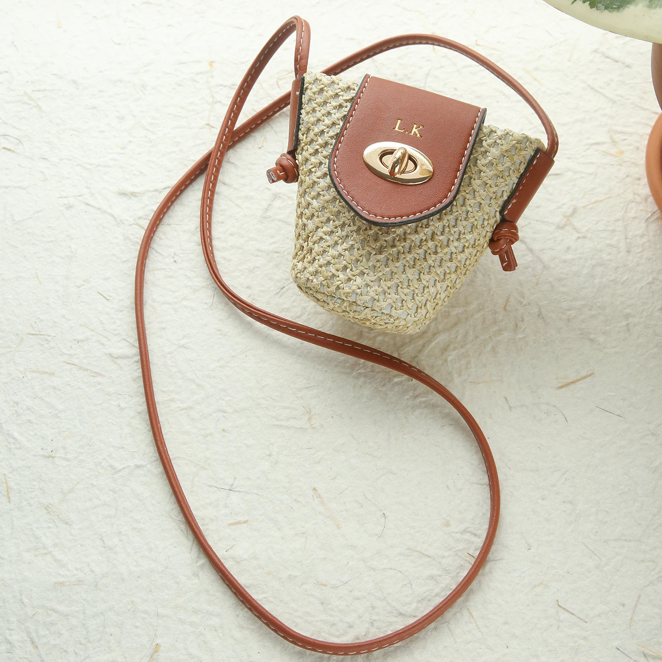 Custom Gold Embroidery Name Mini Straw Crossbody Bag Summer Woven Earphone Lipstick Storage Purse Tiny Leather Flap Shoulder Bag
