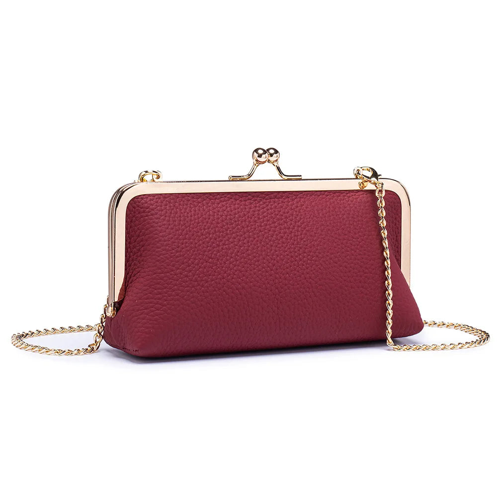 Women's Kiss Lock Clutch Bag, Top Grain Genuine Leather Wallet Large Capacity Travel Clutches with Detachable Chain Strap
