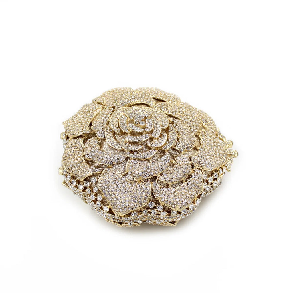 Luxury Rose Shape Diamond Rhinestone Clutch Bag Hollow Metal Banquet Wedding Handbag Women Evening Bag