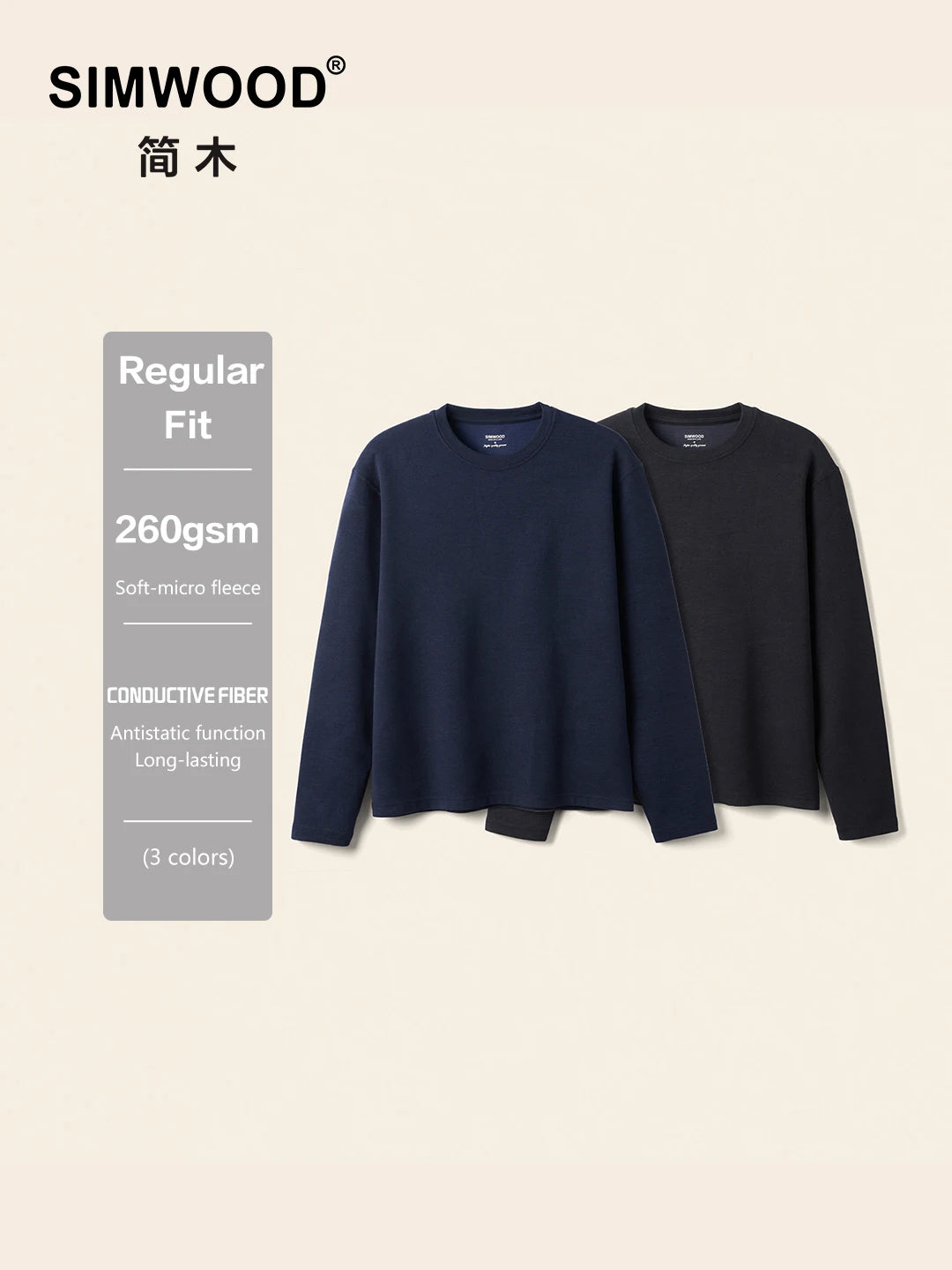 SIMWOOD 2026 Spring New Regular Fit 260gsm Anti-static Thermal Fleece Fabric Long Sleeve T-shirts Men Casual Tops