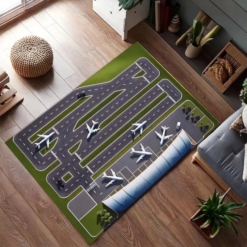 Airport Runway Carpet Mat Rug Aeroplane Theme Home Decoration Non-slip Educational Kids Activity Play Mat with Terminal Design