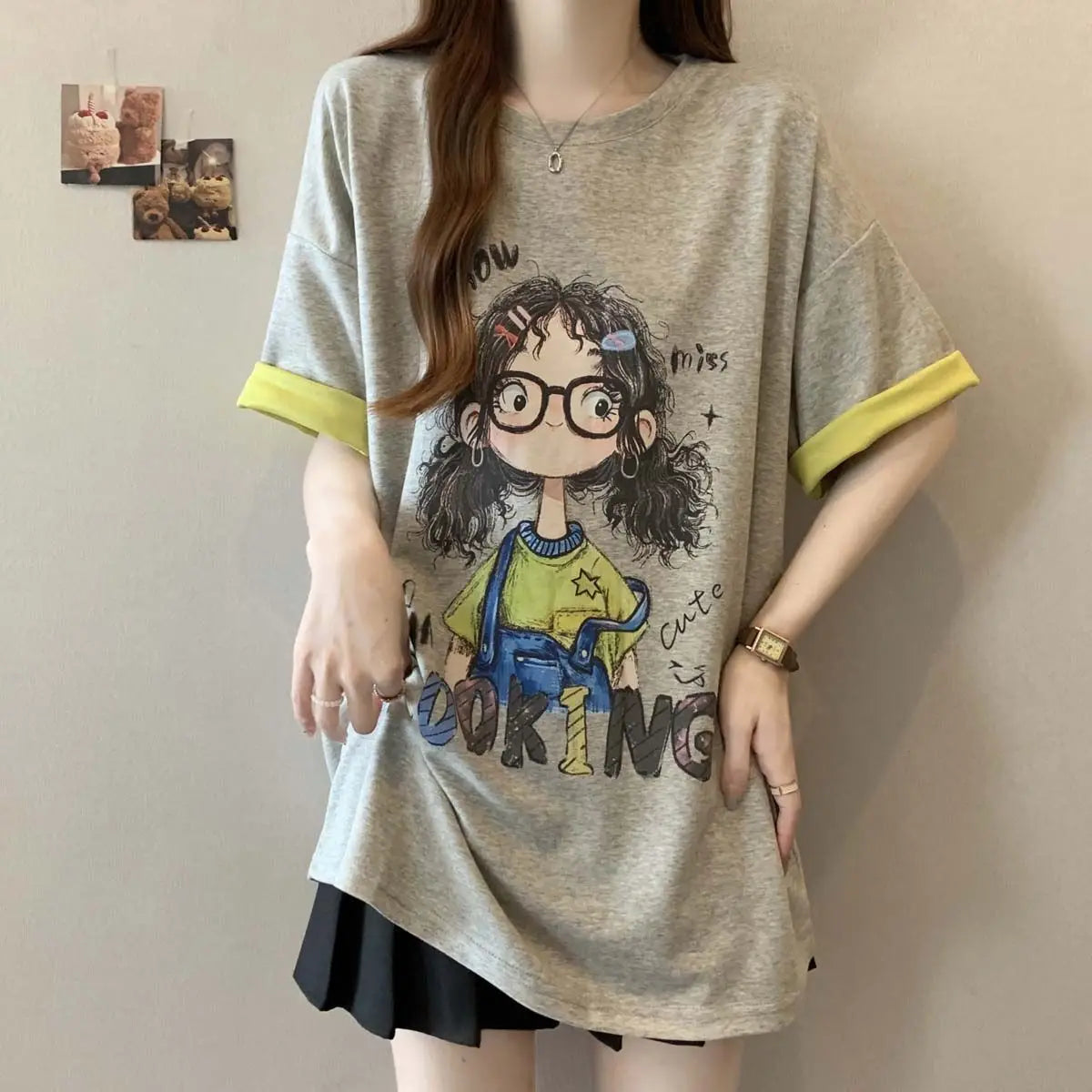 Plus-size women's spring and summer new color-blocking casual loose slimming cartoon letter printed short-sleeve T-shirt