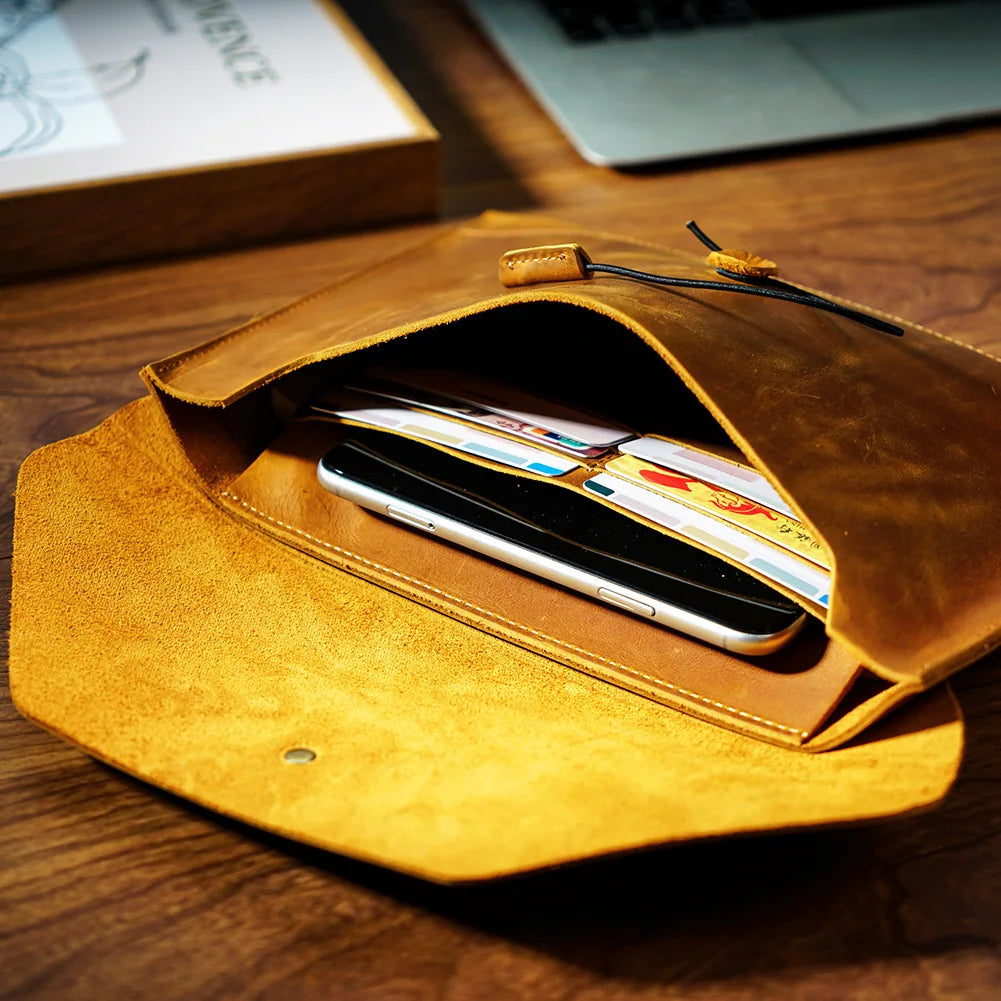 Vintage Top-Grain Leather iPad Case - Multi-Function Laptop Briefcase with Card Slots & File Organizer