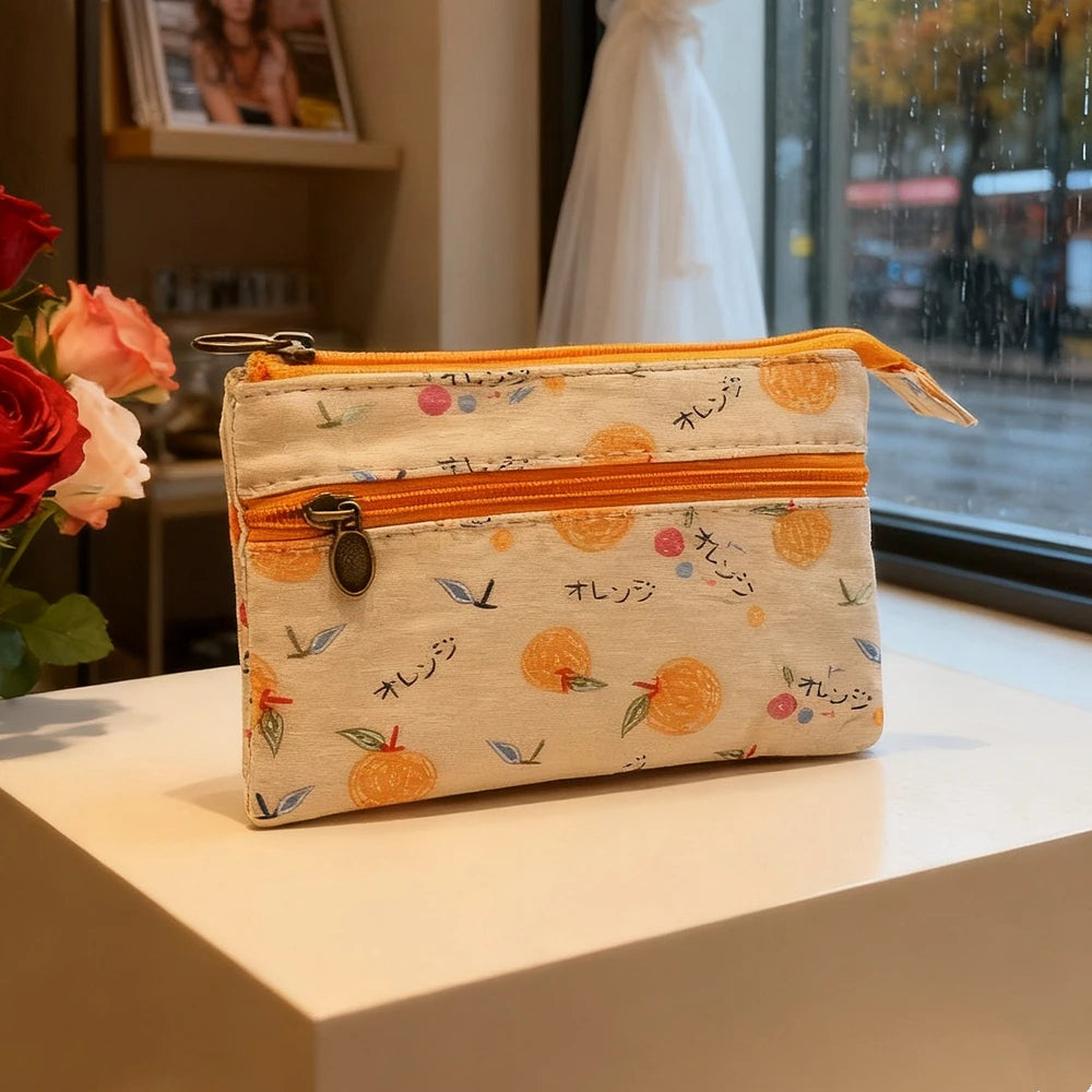 Women's short purse with cotton fabric printed design, light and fresh style, card holder, coin holder, student's small wallet