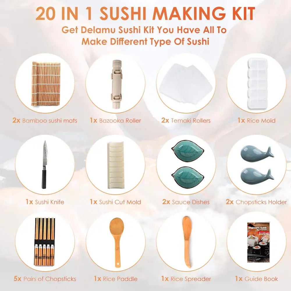 Sushi Making Kit 20 in 1 Sushi Bazooka Roller Kit With Sushi Knife, Bamboo Mats, Bazooka, Rice Mold, Chopsticks, Sauce Dishes