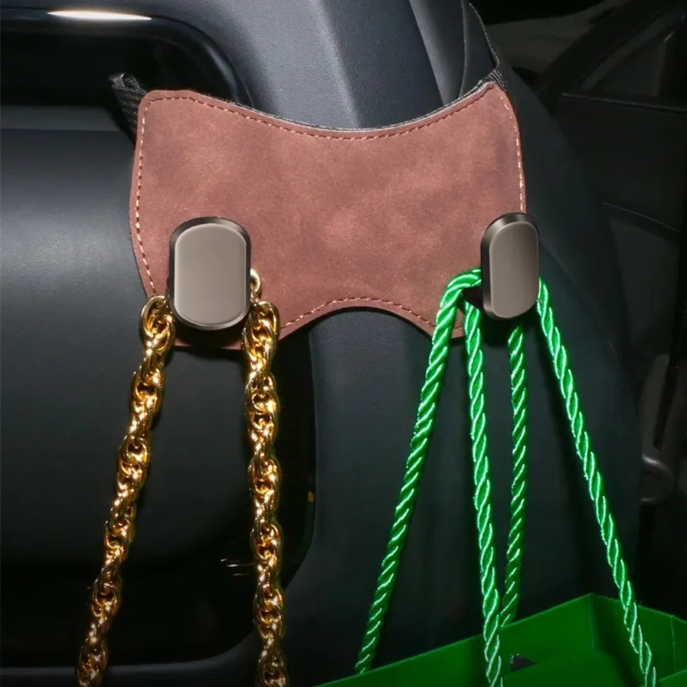 Car Back Seat Hook Headrest Suede Leather Soft Hanging Double Hook Wear-Resistant Rear Row Storage Hanger