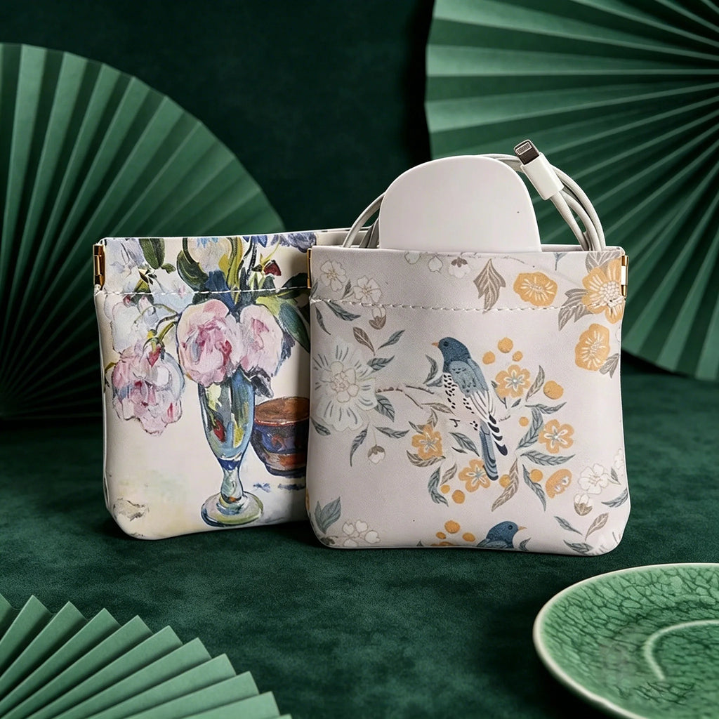 Chinese Floral Print Waterproof Auto-close Pouch, Multi-functional Portable Organizer for Cable Lipstick Coin Cosmetics