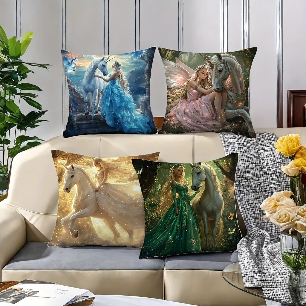 4PCS Girls & Princess Pillow Cases: Dreamy Art Style, Romantic. Polyester, Machine Washable, Zipper.For Living Room, Sofa Decor