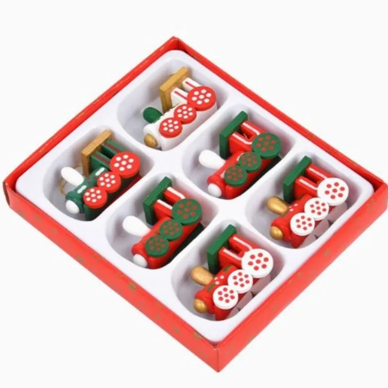 6pcs/Set Christmas Decorations Colored Wooden Small Train Pendant Christmas Tree Scene Layout Hanging Ornaments Desktop Ornament