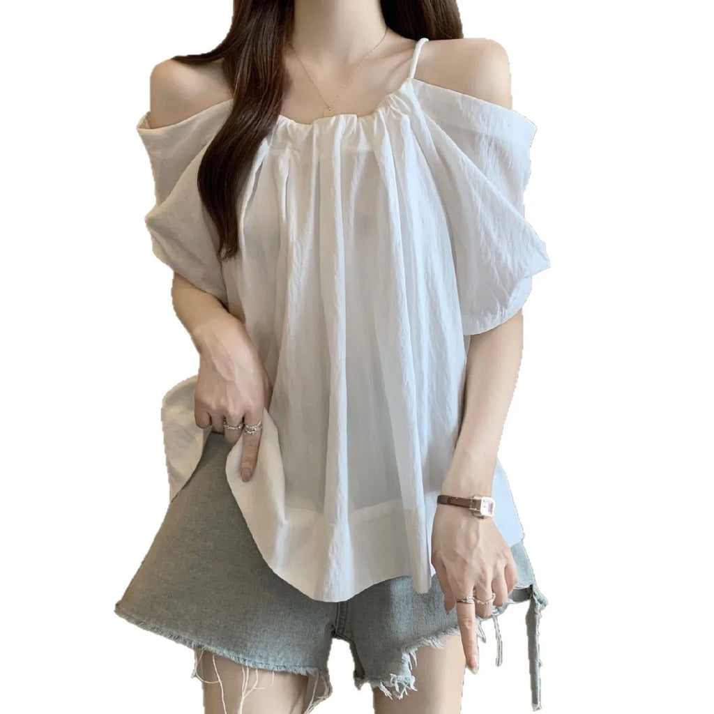Summer Plus Size Women's New Arrival Solid Color Versatile Loose Slimming Drawstring Tank Top One-Shoulder Short Sleeve Top