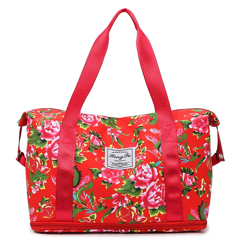 Travel Bag Northeast Big Flower Simple Business Trip Shoulder Bag Fitness Sports Storage Bag Expandable Unisex Oxford Cloth