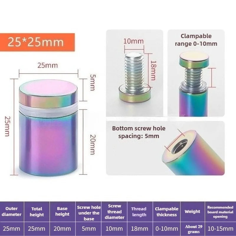 4Pcs Rainbow acrylic Picture Frame Glass Sign Standoff Nail Wall Mount Standoff Holder Stainless Steel Advertise Fixing Screw