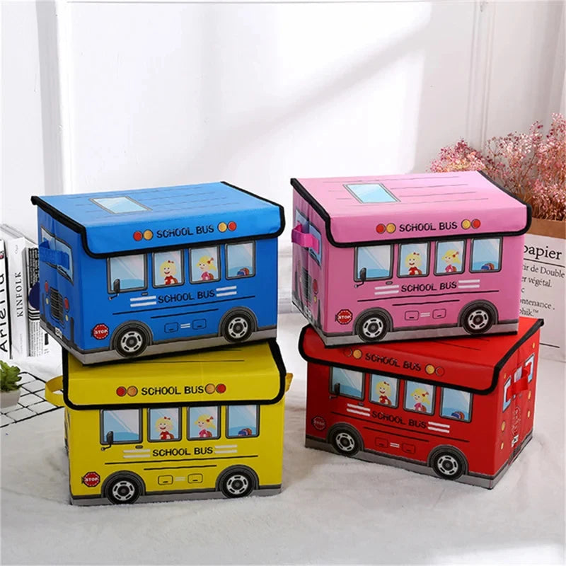 Cartoon School Bus-Themed Children's Toy Storage Box: Large-Capacity, Foldable Storage Box with Lid for Home and Travel