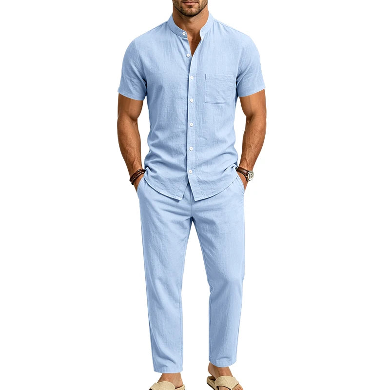 Men's Linen Popular Breathable Simple Two-Piece Set, Stand Collar Short-Sleeve Shirt with Straight-Leg Casual Pants