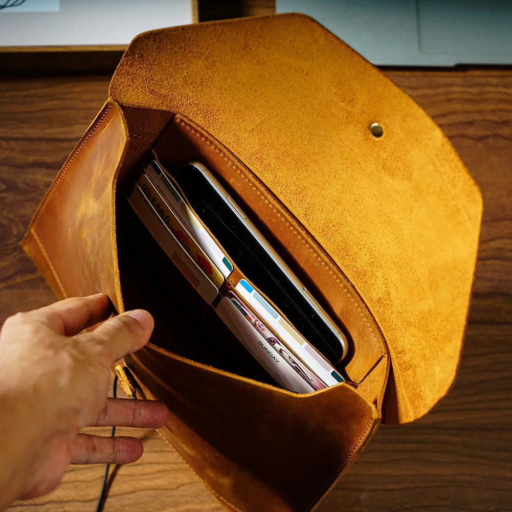 Vintage Top-Grain Leather iPad Case - Multi-Function Laptop Briefcase with Card Slots & File Organizer