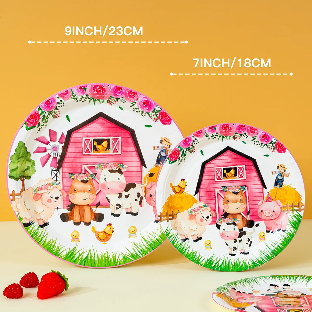Floral Farm Animal Disposable Paper Plates 7/9 Inch Round Dessert Plates for Girls Birthday Baby Shower Decor