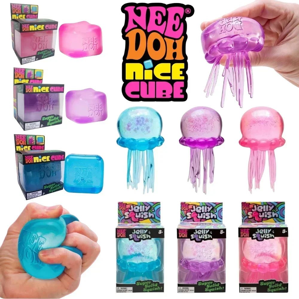 NeeDoh Trending Jellyfish & Cube Squish Toy, Soft Jelly Squeeze Stress Relief Fidget Toy, Sensory NeeDoh for Kids & Adults