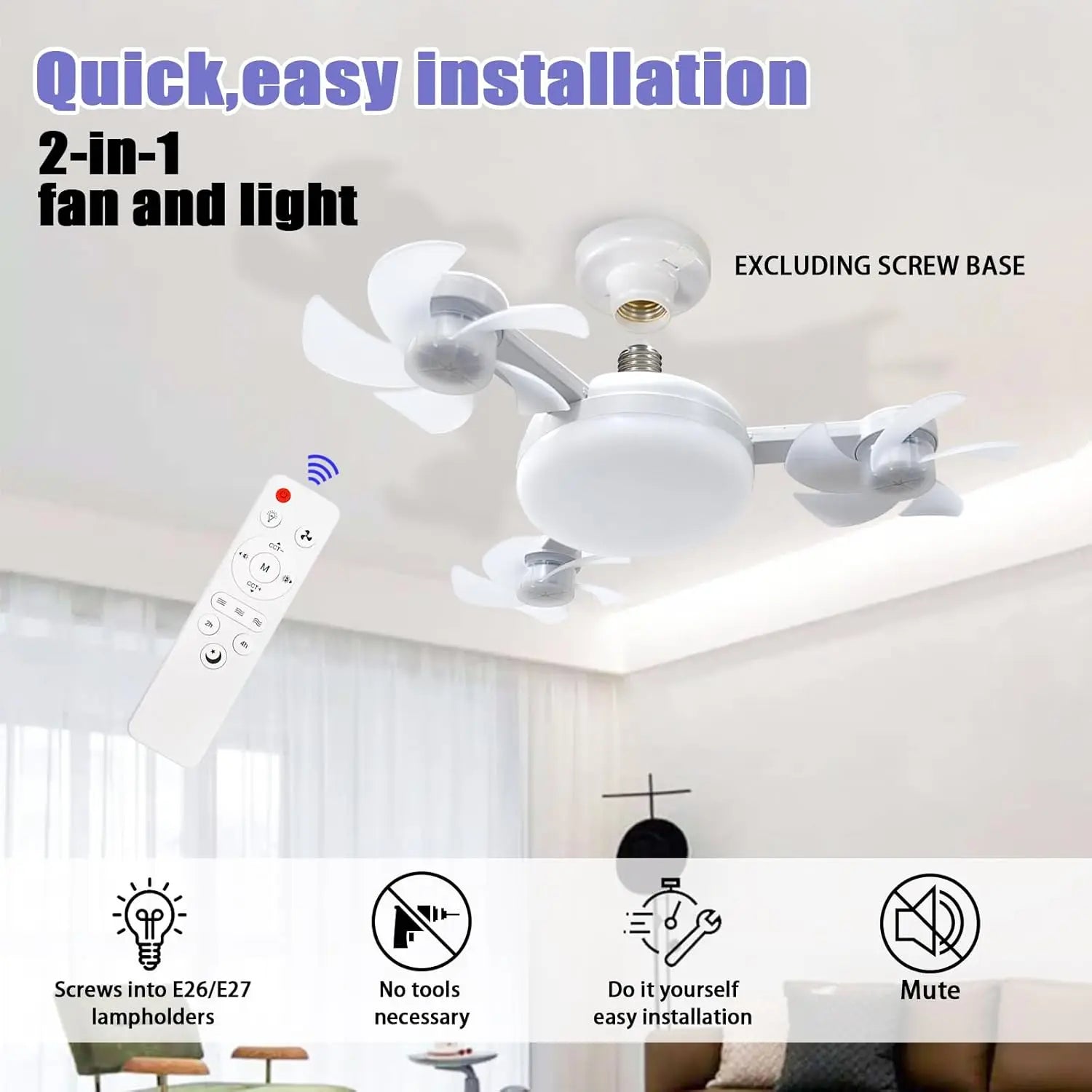 E27 Screw in Ceiling Fan Light with Remote Control Socket Fan Light Drone Fan Dimmable 3Color Dimming for Bedroom Kitchen Garage