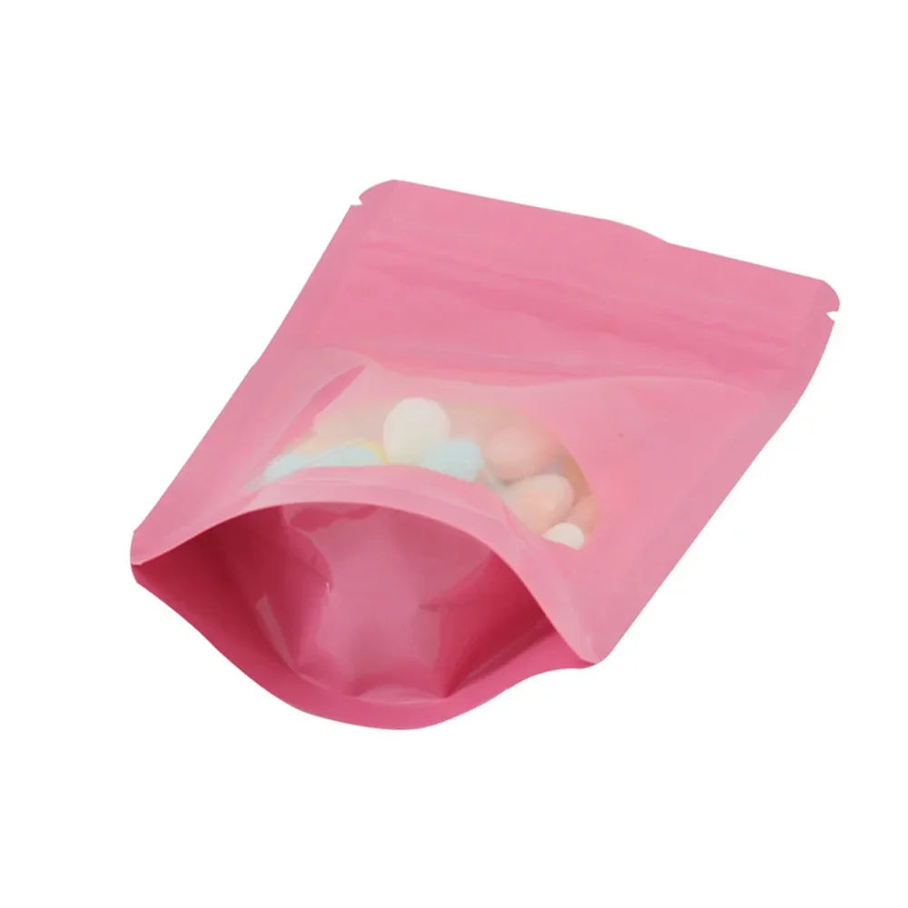 100Pcs Glossy Colors Aluminum Foil Stand Up Zip Lock Pouches with Clear Window Plastic Packaging Bag Gift Snacks Beans
