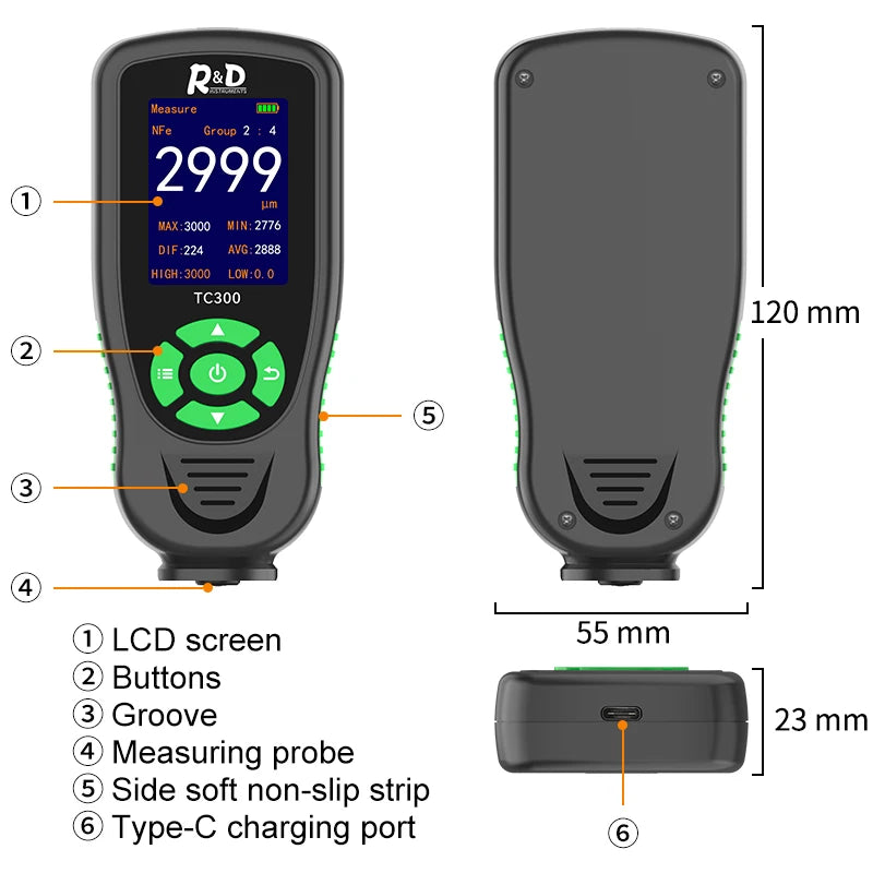 R&D TC300 Coating Thickness Gauge for Car Digital Meter Tool Automotive Paint Thickness Measurement F/NF Automatic Detection