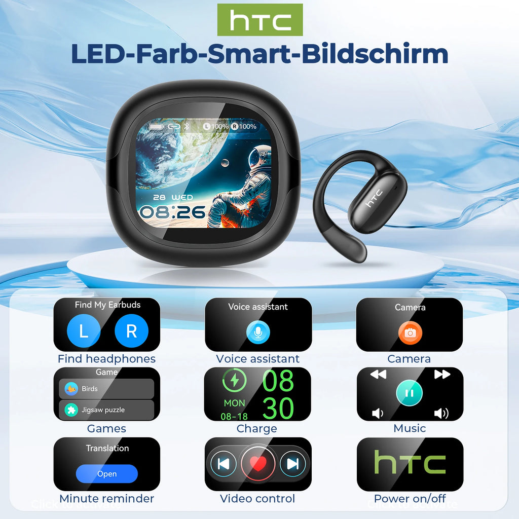 HTC NE58 Wireless Earphones Bluetooth LED Touch Screen AI Translate Earbuds HiFi Sound HD Call Headphones Bone Conduction