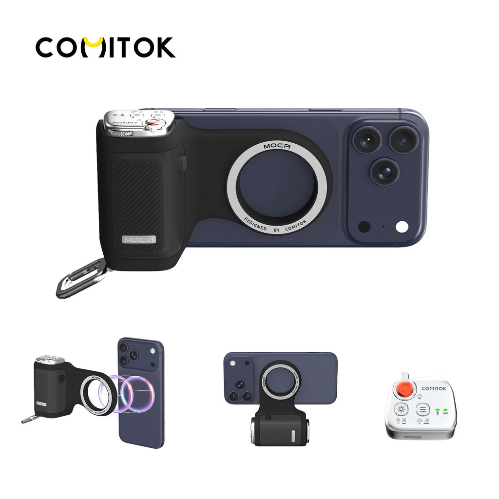 COMITOK Magnetic Phone Grip with Remote Control Portable Shooting Handle for iPhone Vlog Videos, Easy One-Hand Operation
