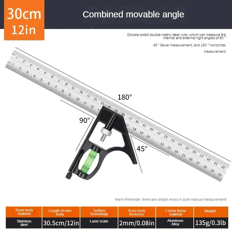 Adjustable Combination Right Angle Ruler 45/90 Degrees with Bubble Level Gauge, Multifunctional Measuring Tool, Measuring Ruler
