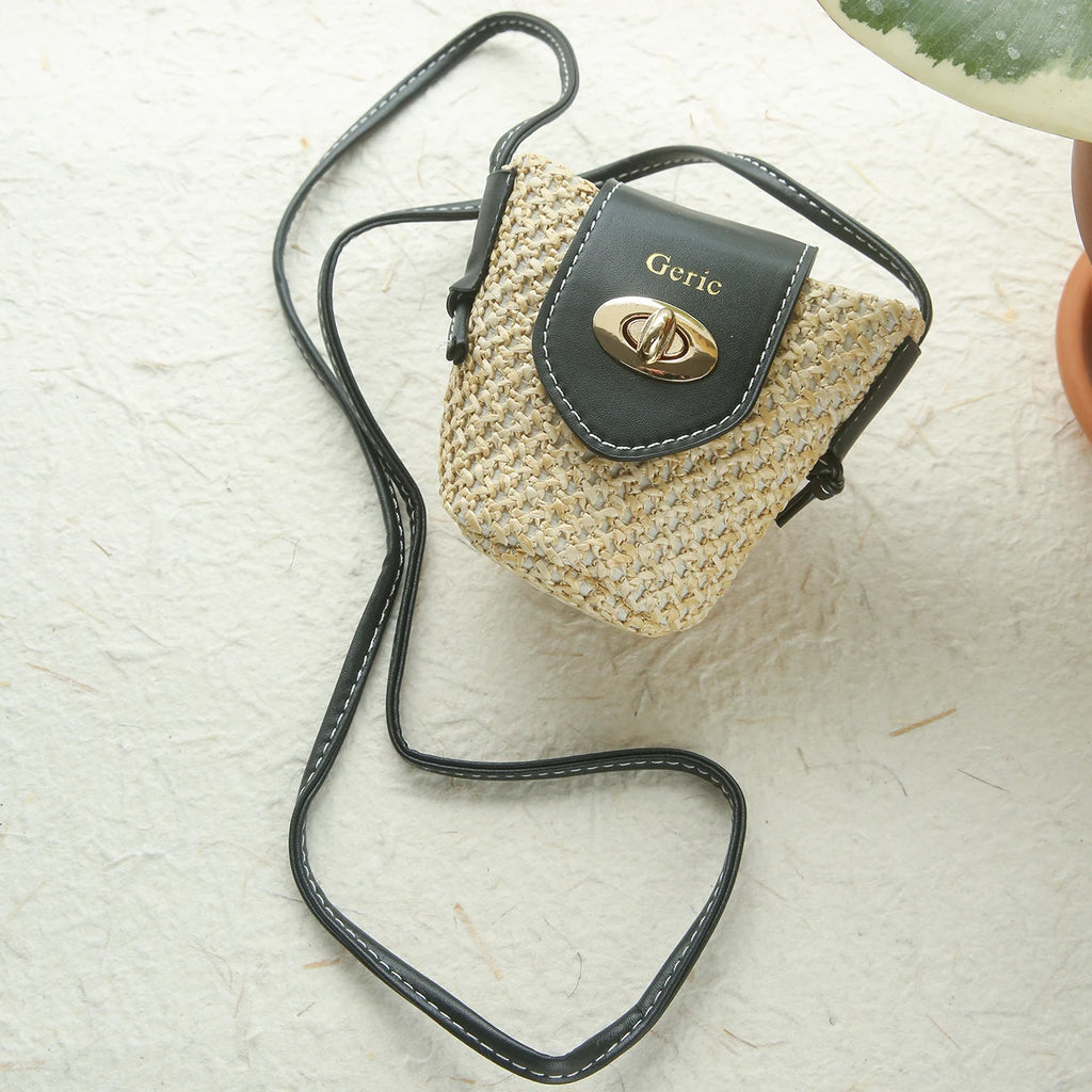 Custom Gold Embroidery Name Mini Straw Crossbody Bag Summer Woven Earphone Lipstick Storage Purse Tiny Leather Flap Shoulder Bag