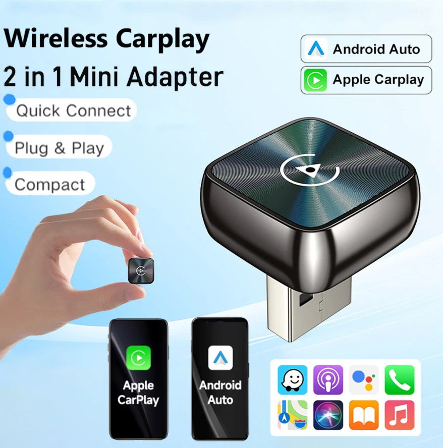 2026 2 in 1 Wireless CarPlay Adapter&Android Auto Wireless Adapter, 5Ghz WiFi Type-C/USB Plug Play Dongle CarPlay Wireless