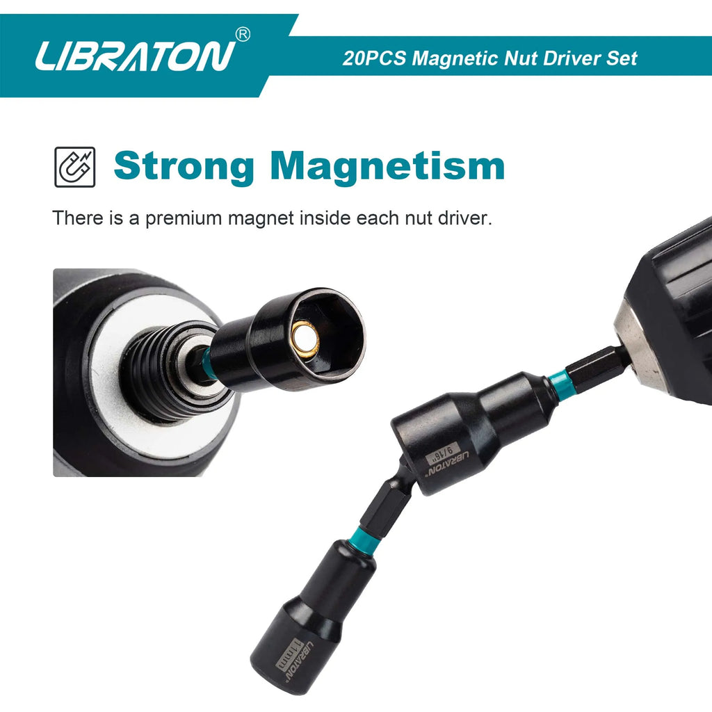 LIBRATON Magnetic Nut Driver, 20PCS Impact Drill Driver Bit Set 1/4" Metric 5-13mm & SAE Nut Driver 3/16''-1/2'' For Repair