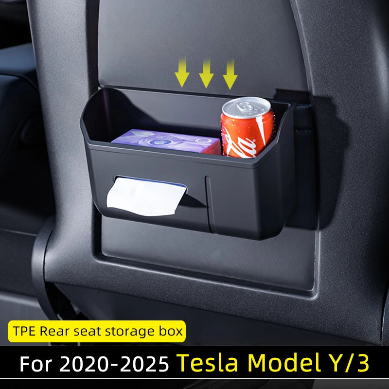 Multi function TPE Car Seat Back Storage Box For 2020-2025 Tesla model 3/Y Juniper Highland Accessories Cup Holder Garbage bin