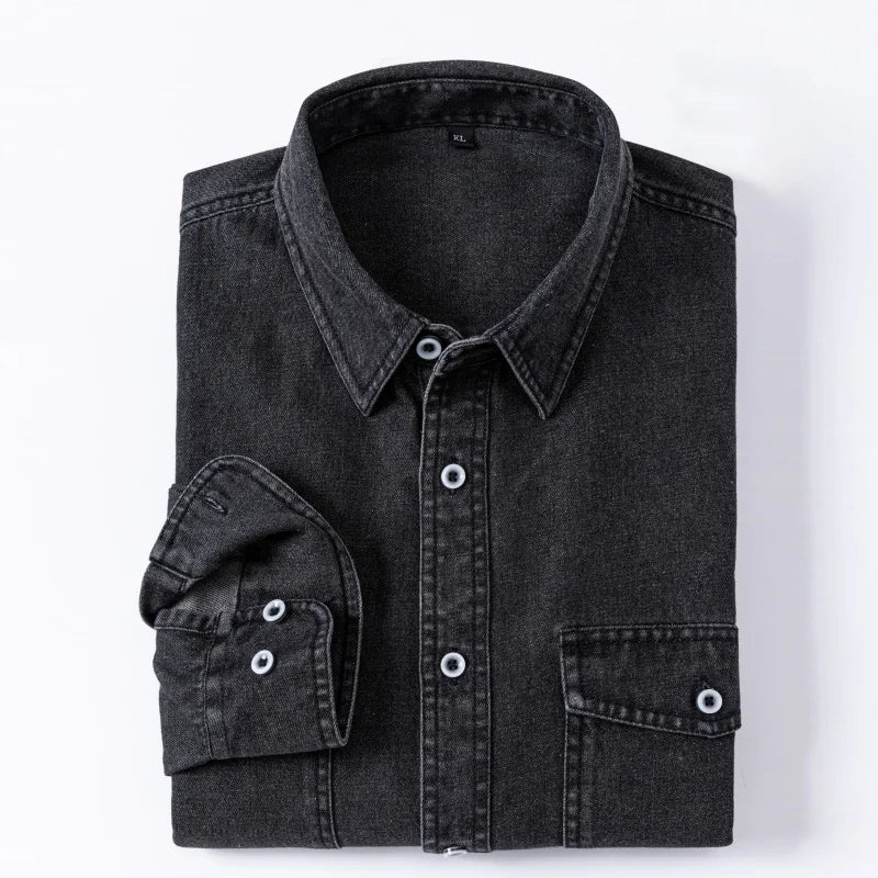 Pure Cotton Double-pocket Denim Long-sleeve Shirt Stylish Versatile Trendy Collared Shirt Casual Detailed Men's Sports Top