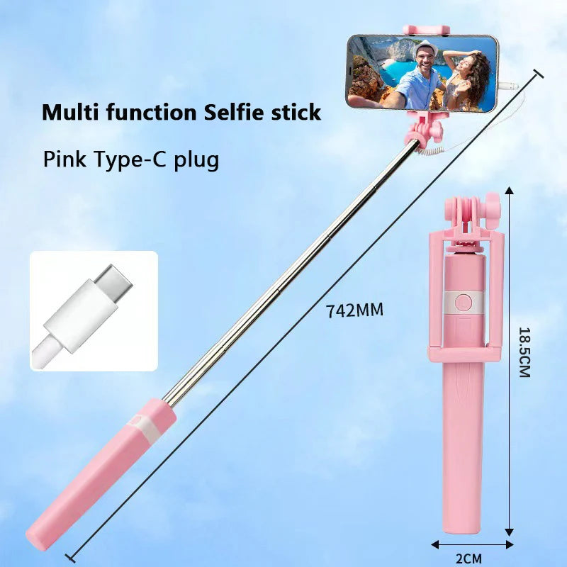New Wire Controlled Selfie Stick Pink/Blue/Black Suitable for Type-C Plug Shrinkage 18cm Stretch 74cm Mini Portable Selfie Stick